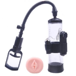 Penis Pump with Vibrating Bullet, Vagina and Black Donut Sleeves